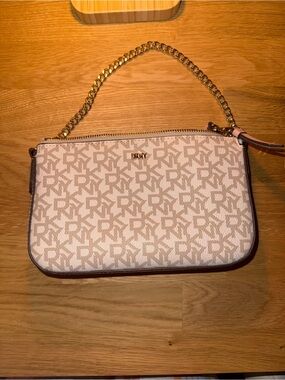 DKNY Cream & Pink Monogram Chain-Handle Wristlet